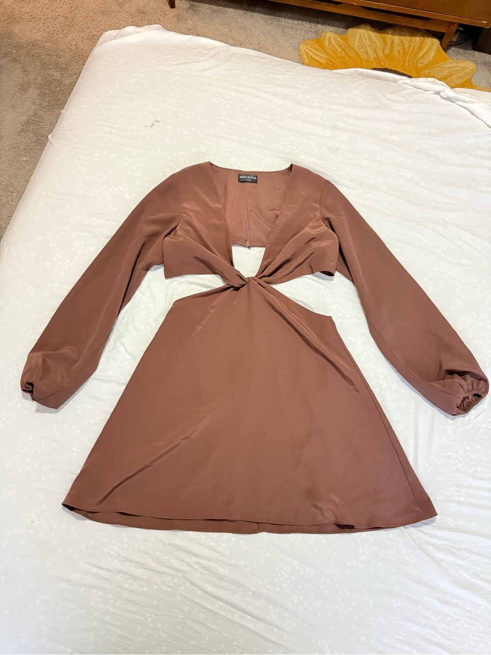 White Fox Twist-Front Long Sleeve Mini Dress in Dusty Brown